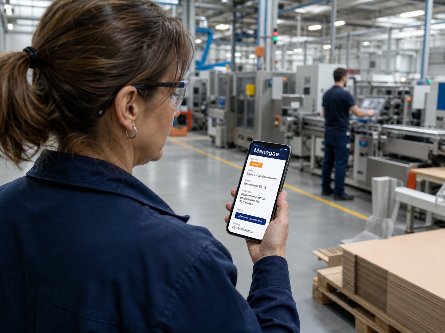 Responsable de production consultant Managae sur son smartphone dans l’atelier